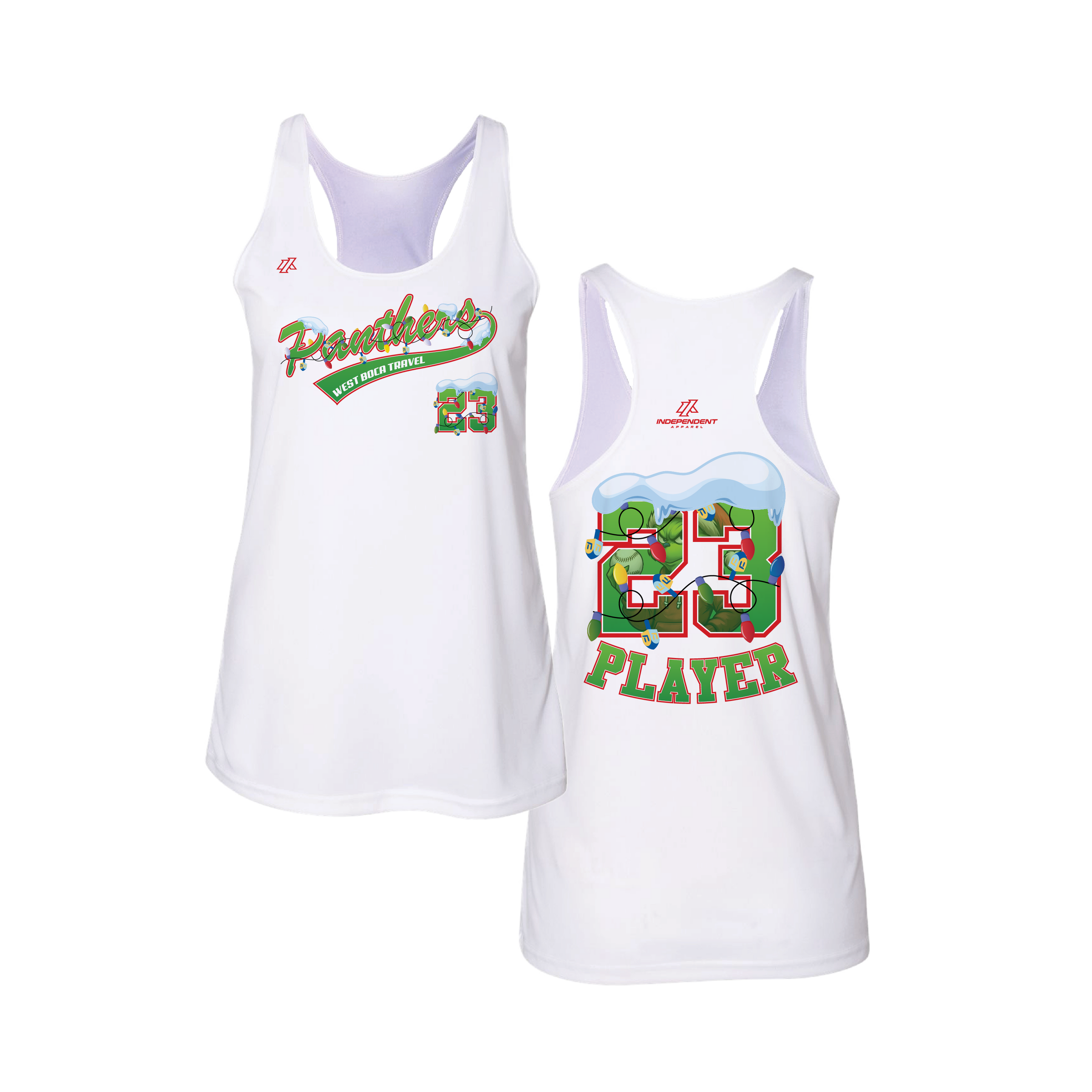 Dolman 10U Holiday Grinch Logo Women's White Tank Top