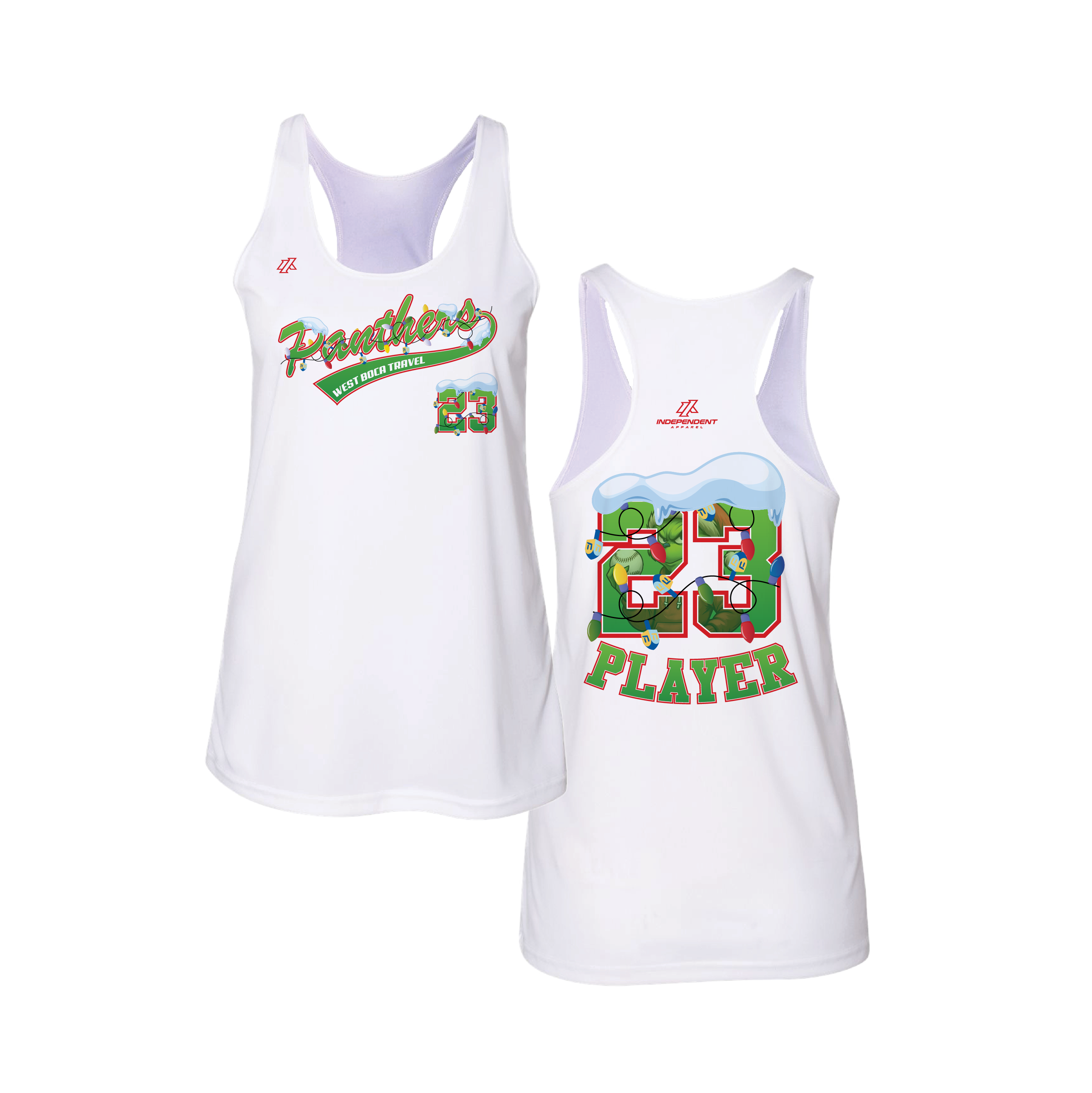 Dolman 10U Holiday Grinch Logo Women's White Tank Top