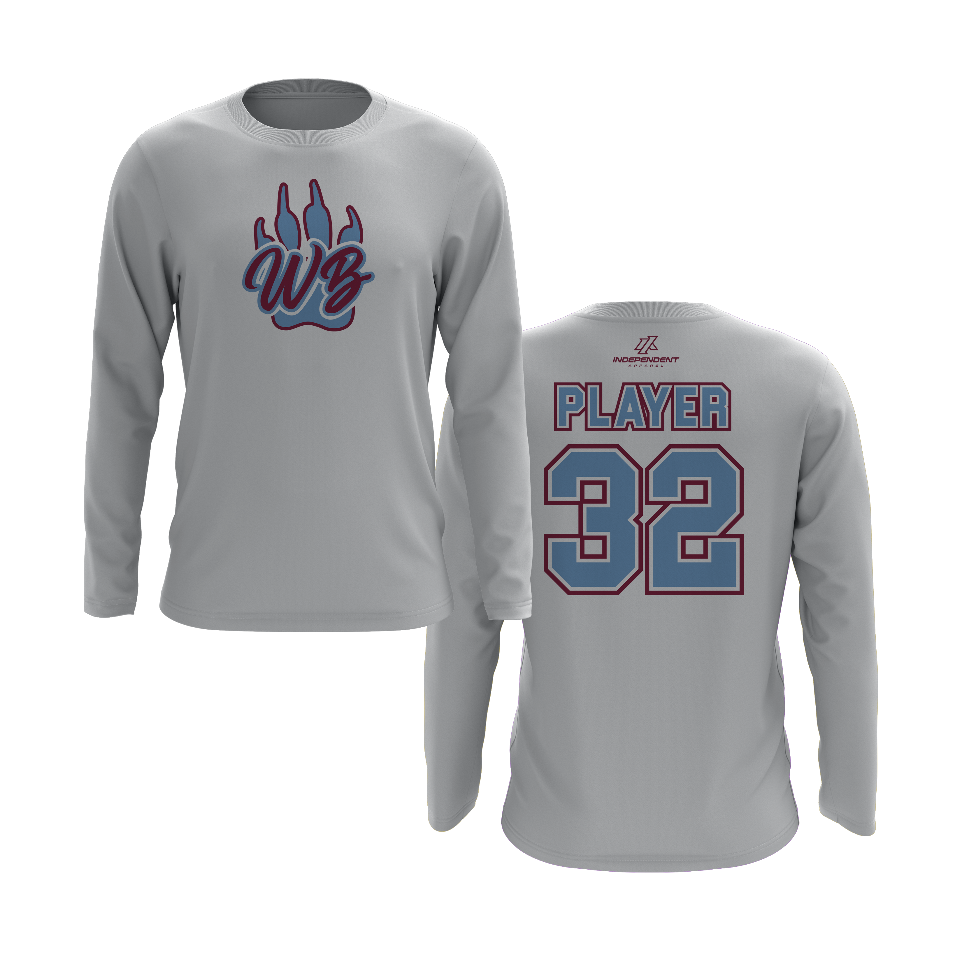 WBYB Baby Blue/Dark Red Team Long Sleeve Shirt - Paw Logo